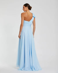 Mac Duggal #67476 Blue One Shoulder Pleated Evening Gown with Bow back view
