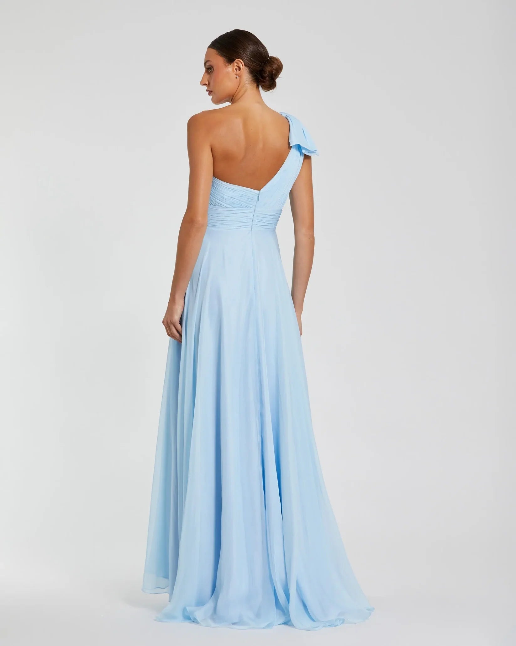 Mac Duggal #67476 Blue One Shoulder Pleated Evening Gown with Bow back view