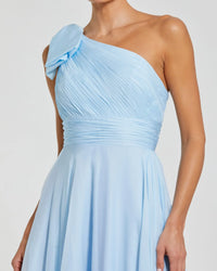 Mac Duggal #67476 Blue One Shoulder Pleated Evening Gown with Bow close up