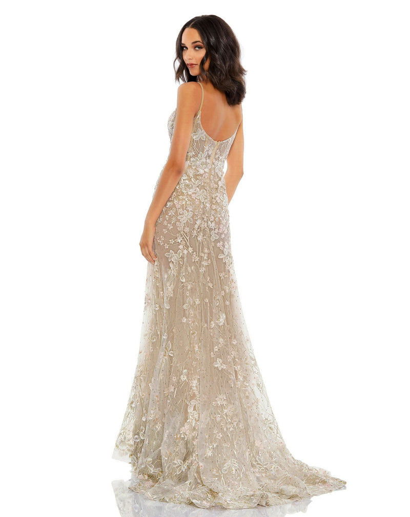 Mac Duggal Style #67492 Asymmetric floral embroidered feather gown - Nude back view
