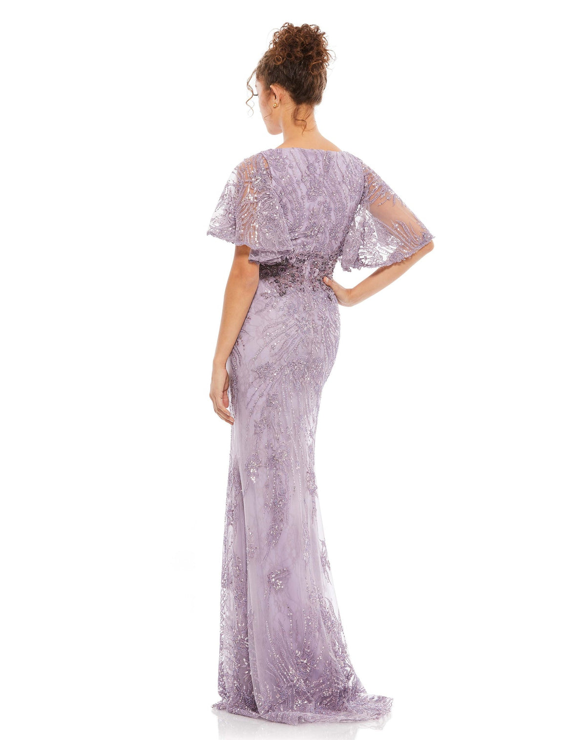 MAC DUGGAL, VINTAGE FLUTTER SLEEVE EVENING GOWN, LILAC, Style #67493 CLOSE UP