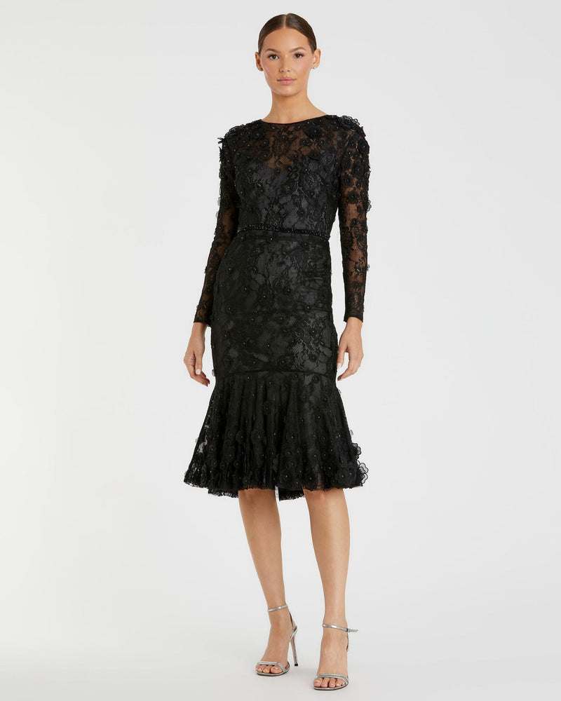 Mac Duggal #67703 Floral Appliqué Long Sleeve Modest Cocktail Dress - Black