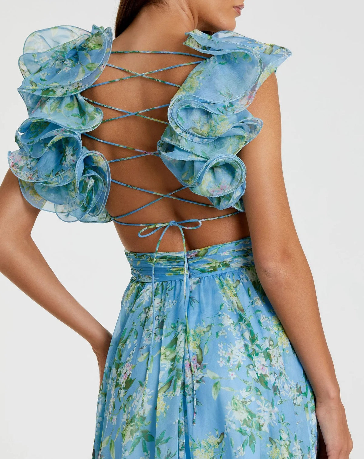 Ruffle tiered floral cut-out chiffon gown - Blue Multi