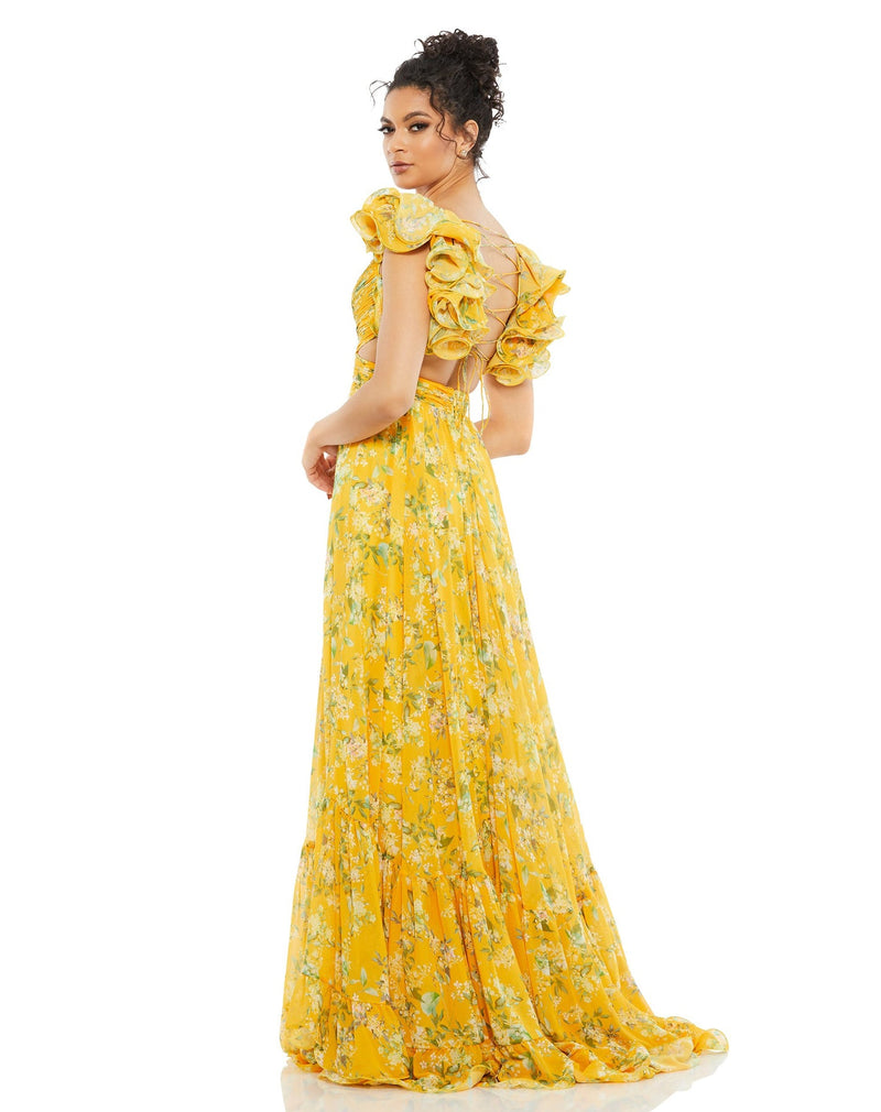 mac duggal Ruffle tiered floral cut-out chiffon gown - Lemon Yellow maxi dress 67803 back