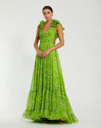 Mac Duggal #67803 Green Ruffle Tiered Floral Cut-Out Chiffon Gown