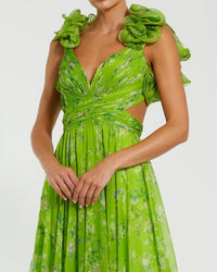 Mac Duggal #67803 Green Ruffle Tiered Floral Cut-Out Chiffon Gown close up