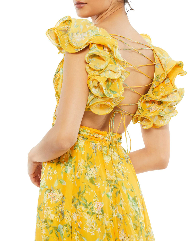 mac duggal Ruffle tiered floral cut-out chiffon gown - Lemon Yellow maxi dress 67803 lace up detail