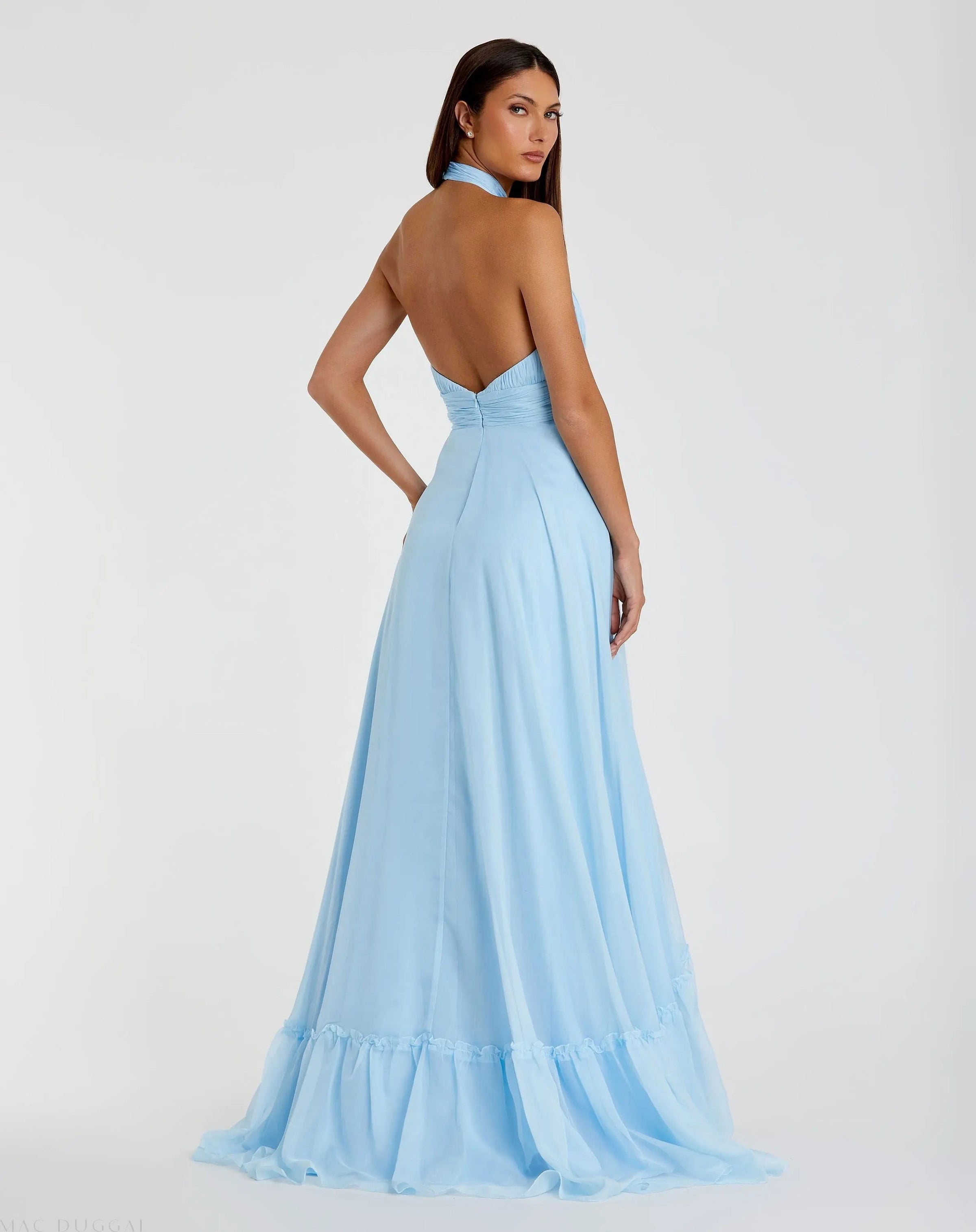 Blue High Neck Tiered Chiffon Halter Gown - Back