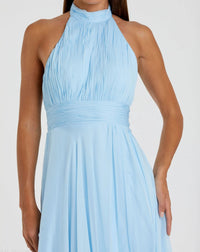 Blue High Neck Tiered Chiffon Halter Gown - Close Up