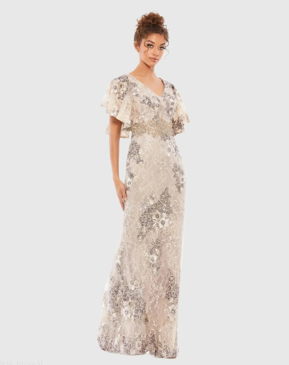Mac Duggal #67842 Bell Sleeve Floral Embellished Gown - Taupe 