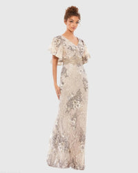 Mac Duggal #67842 Bell Sleeve Floral Embellished Gown - Taupe 
