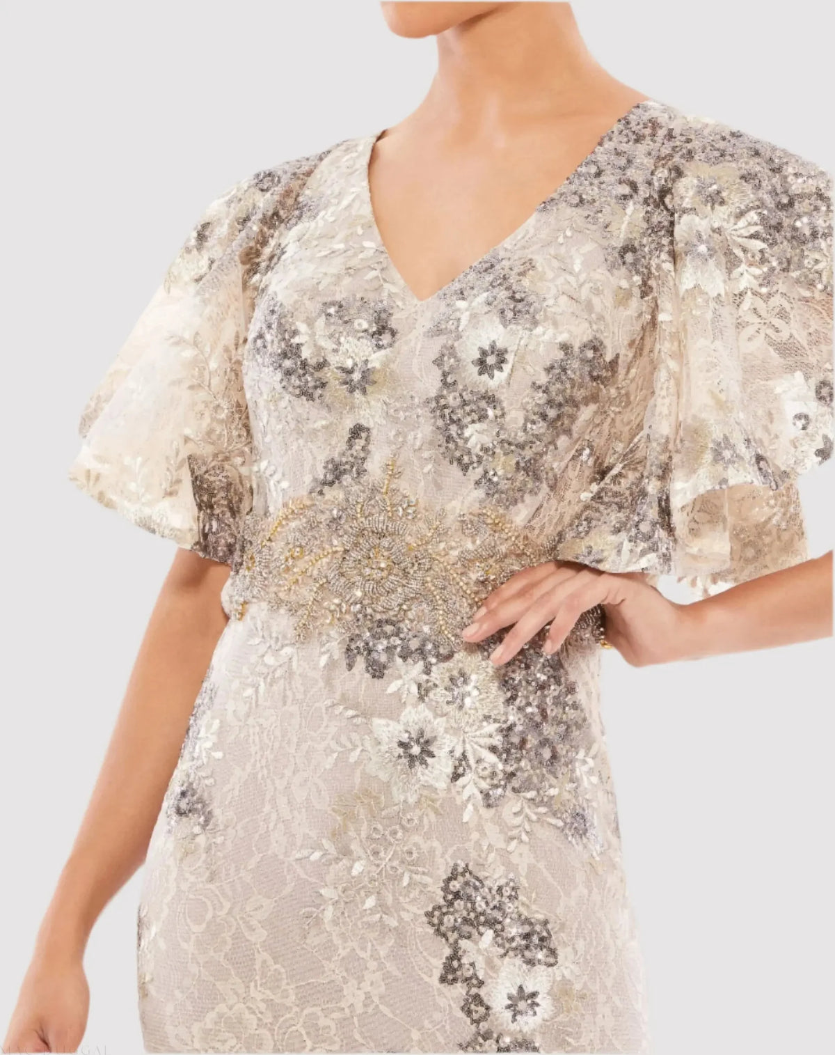 Bell Sleeve Floral Embellished Gown - Taupe
