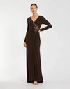 Mac Duggal Faux Wrap Long Sleeve Gown w/ Appliqué Detail #67848 Brown