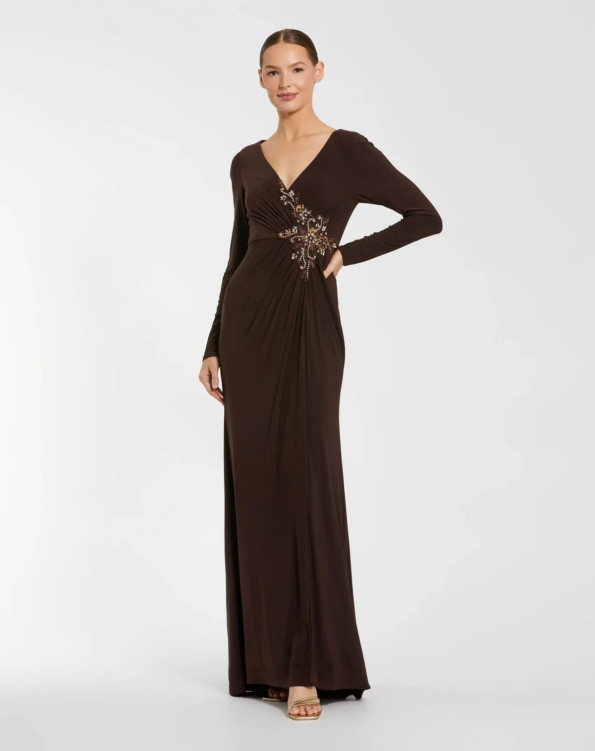 Mac Duggal Faux Wrap Long Sleeve Gown w/ Appliqué Detail #67848 Brown