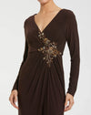 Mac Duggal Faux Wrap Long Sleeve Gown w/ Appliqué Detail #67848 Brown