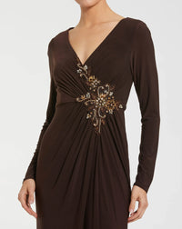 Mac Duggal Faux Wrap Long Sleeve Gown w/ Appliqué Detail #67848 Brown
