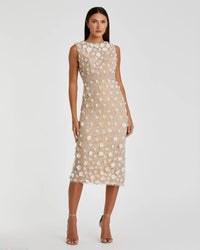 Mac Duggal 67853 Ivory Nude floral applique sleeveless midi dress - front