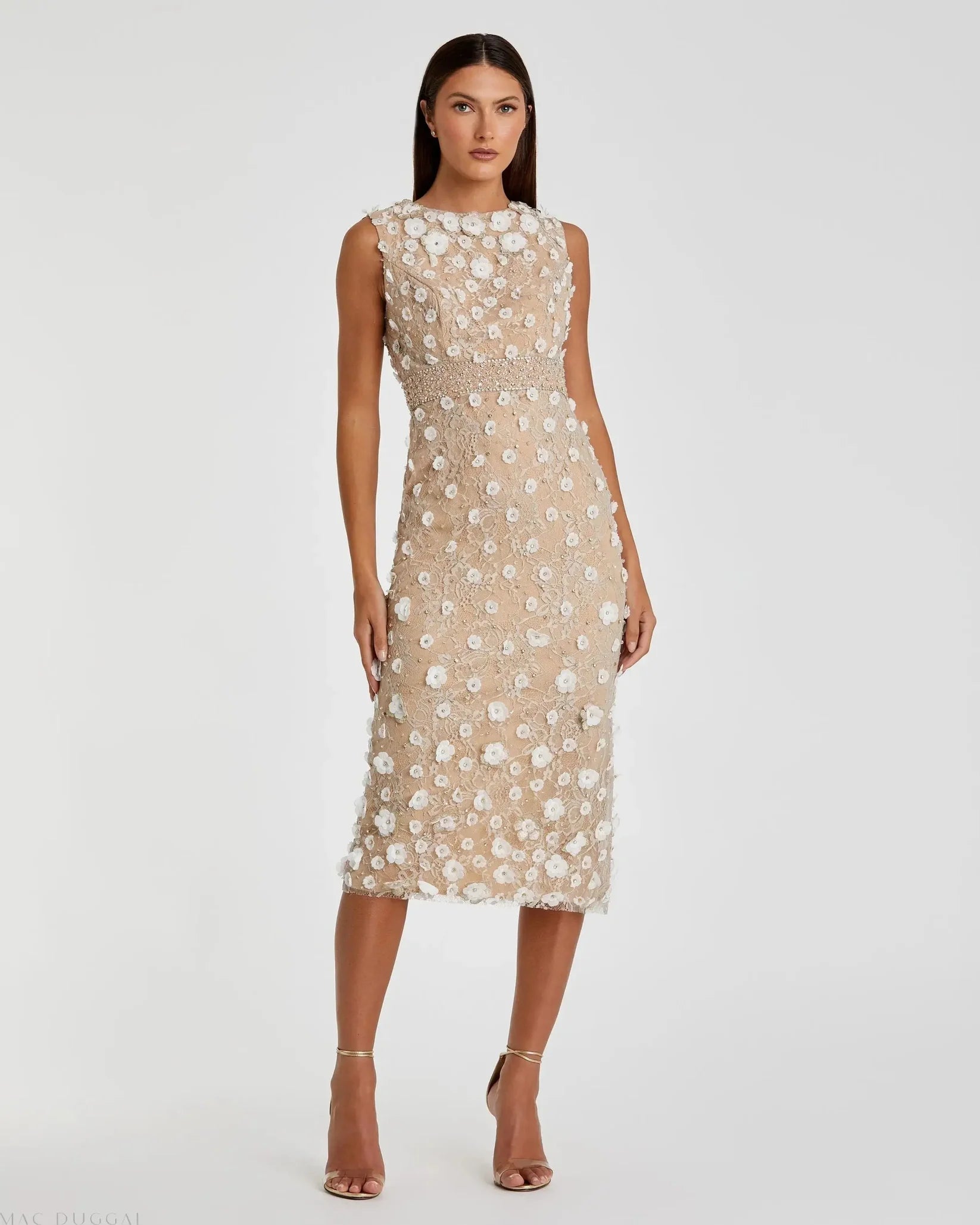 Mac Duggal 67853 Ivory Nude floral applique sleeveless midi dress - front
