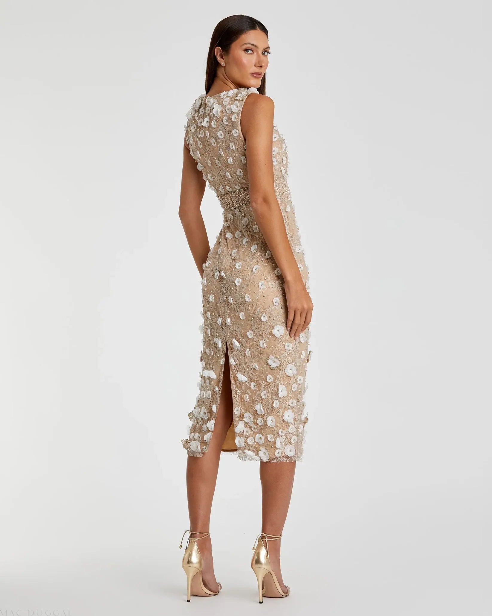 Mac Duggal 67853 Ivory Nude floral applique sleeveless midi dress - back