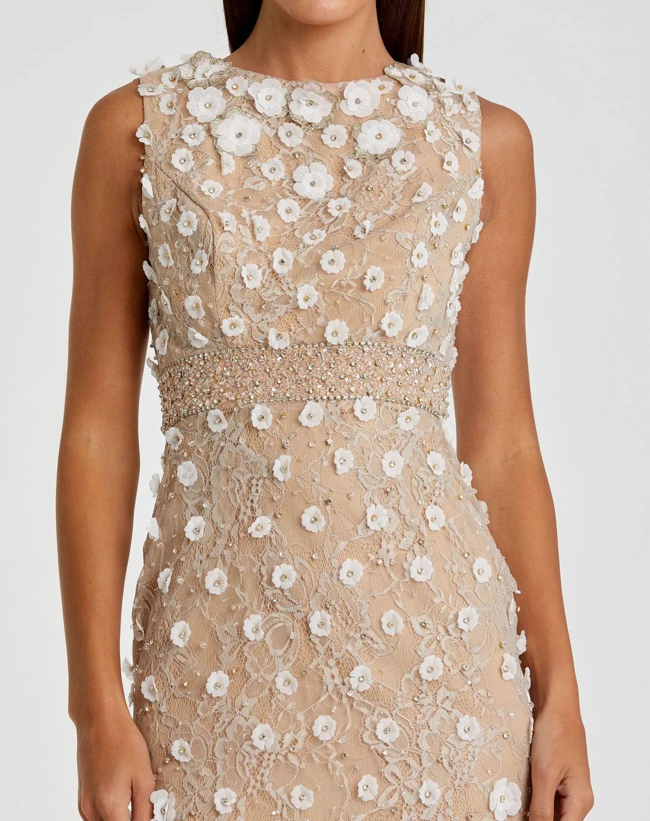 Mac Duggal 67853 Ivory Nude floral applique sleeveless midi dress - detail