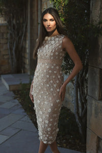 Mac Duggal 67853 Ivory Nude floral applique sleeveless midi dress - side