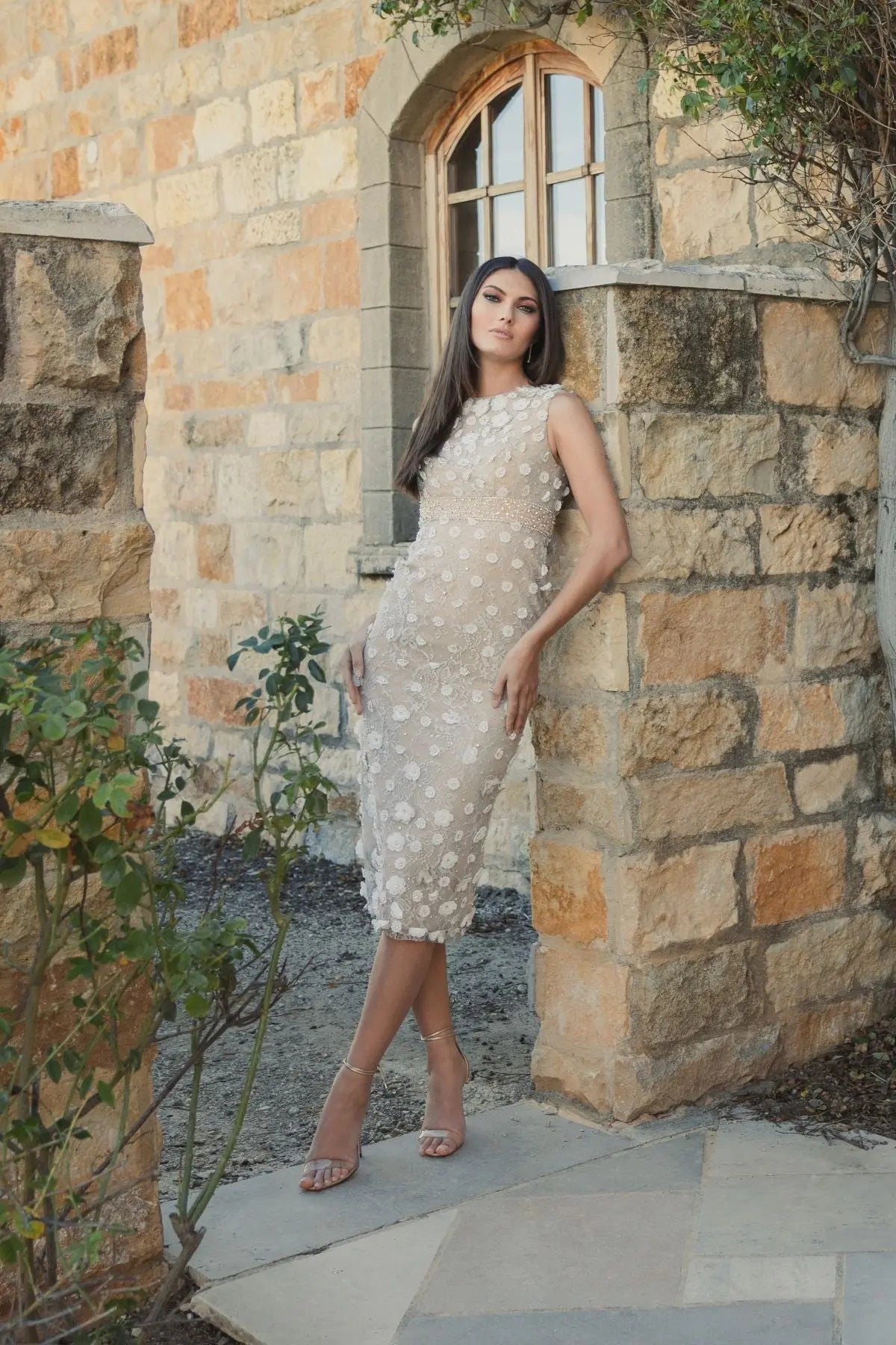Mac Duggal 67853 Ivory Nude floral applique sleeveless midi dress - alternate view