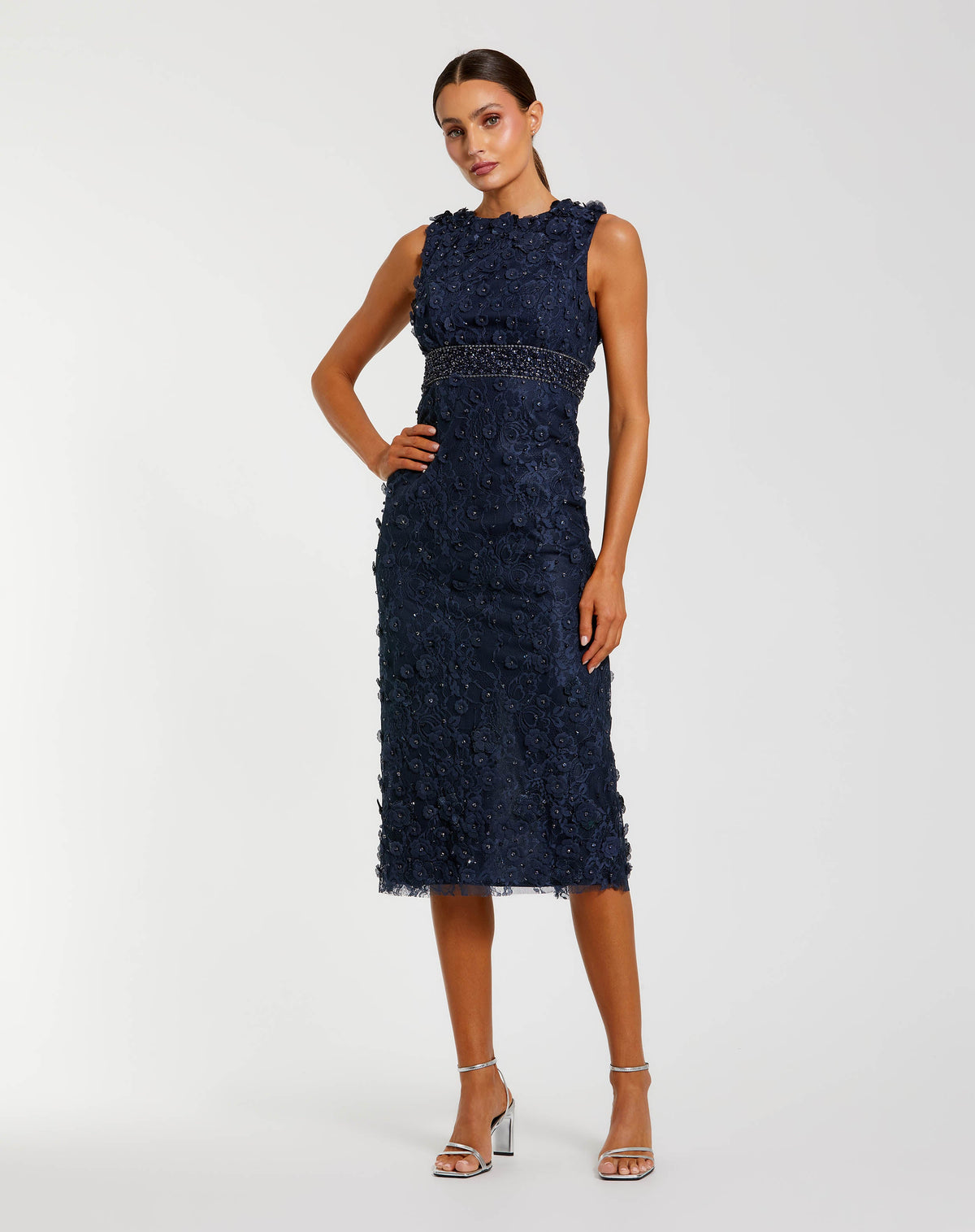 Mac Duggal #67853 Midnight floral applique sleeveless midi dress