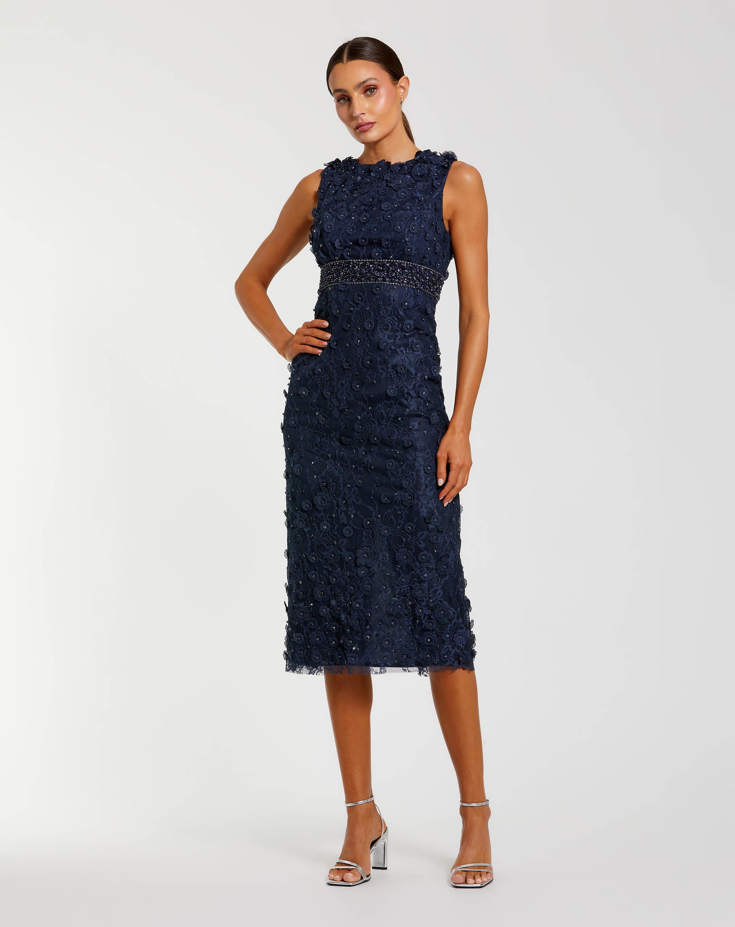 Mac Duggal #67853 Midnight floral applique sleeveless midi dress