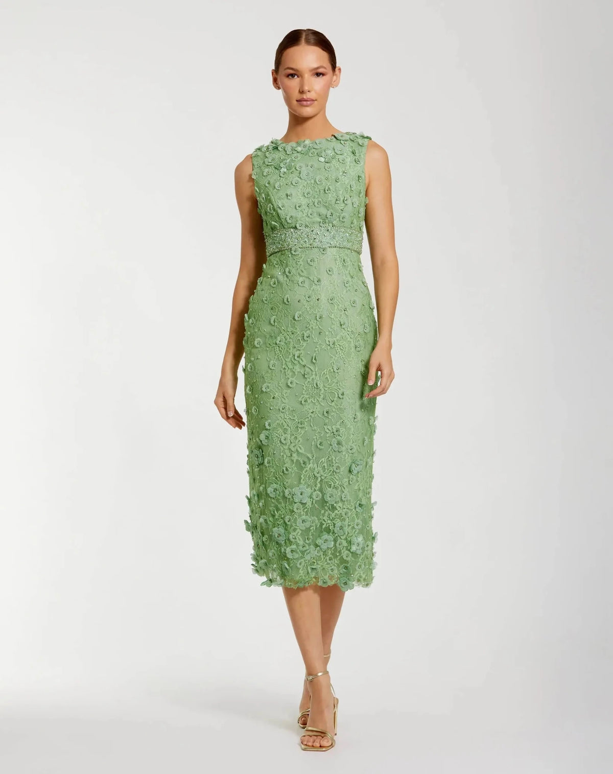 Sage Floral Applique Sleeveless Midi Dress