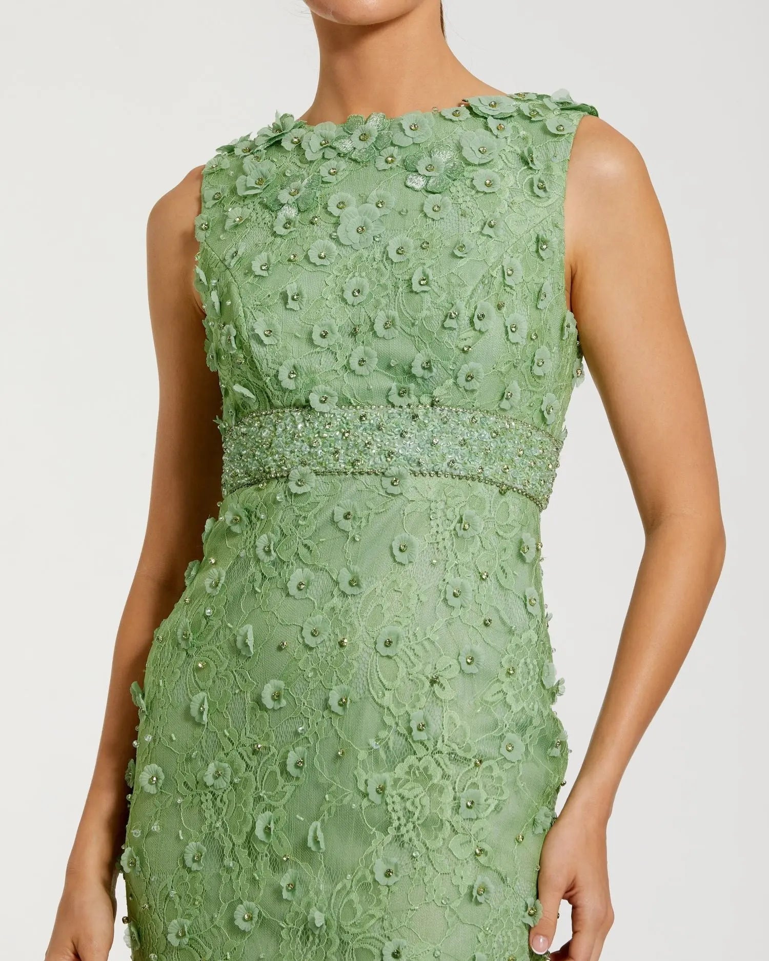 Sage Floral Applique Sleeveless Midi Dress