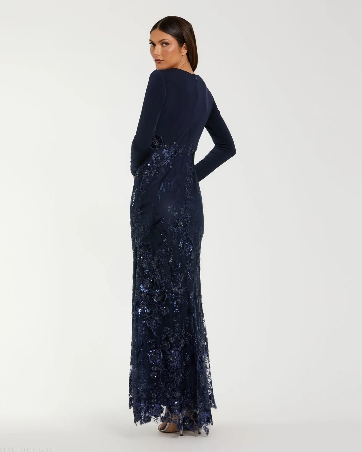 Mac Duggal Navy Embellished Long Sleeve Wrap Over Trumpet Gown #67871