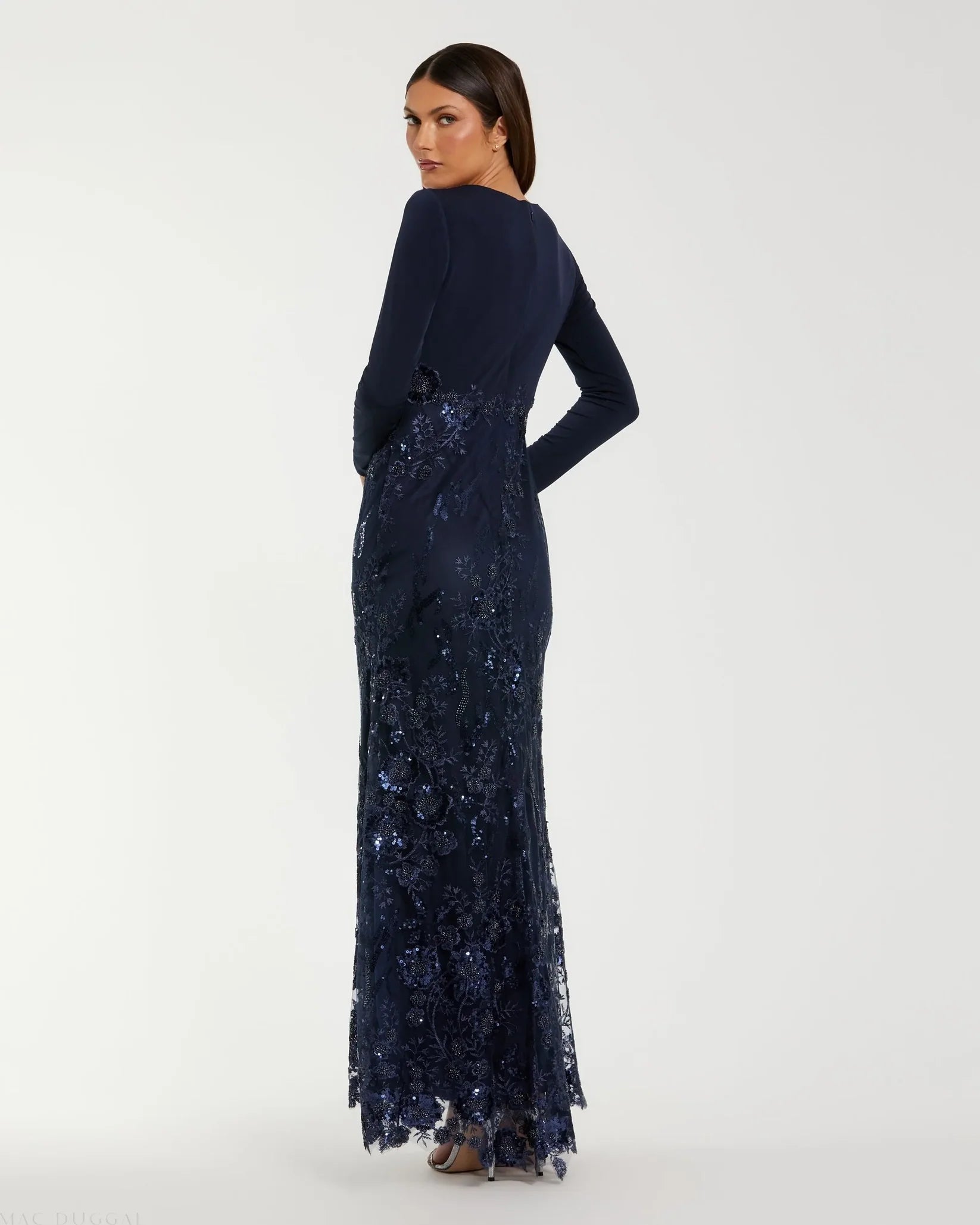 Mac Duggal Navy Embellished Long Sleeve Wrap Over Trumpet Gown #67871