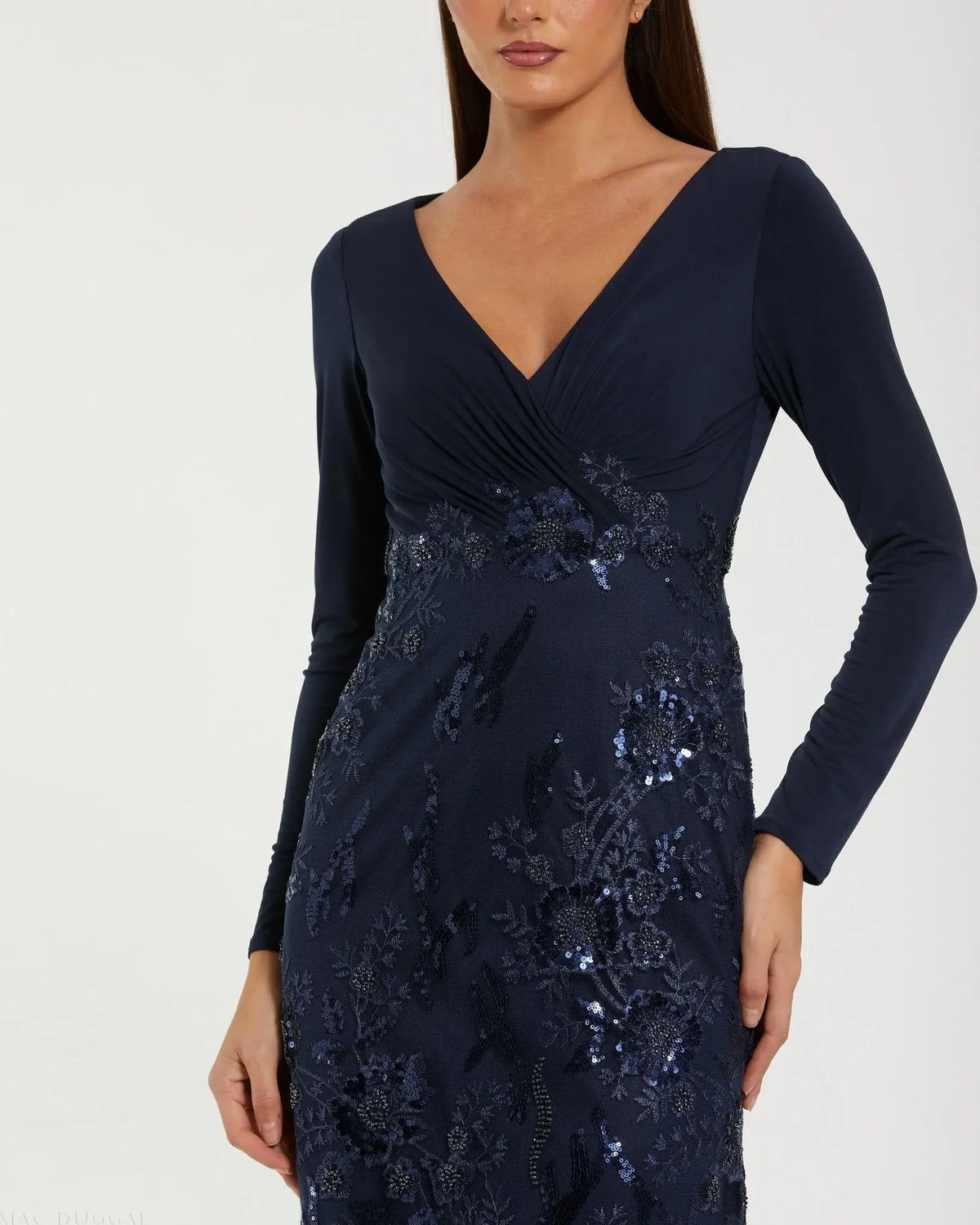 Mac Duggal Navy Embellished Long Sleeve Wrap Over Trumpet Gown #67871