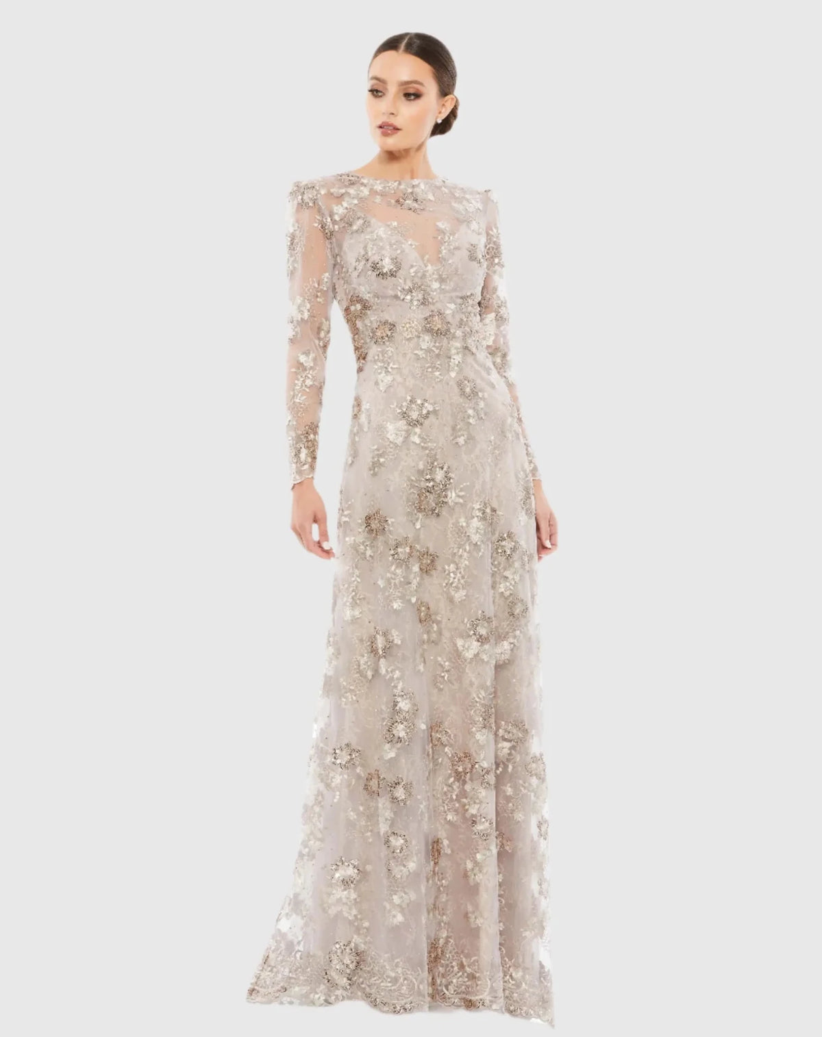 Floral embroidered illusion long sleeve gown - Mocha