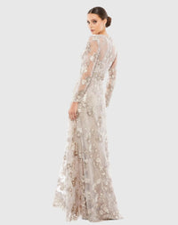 Floral embroidered illusion long sleeve gown - Mocha