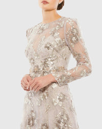 Floral embroidered illusion long sleeve gown - Mocha