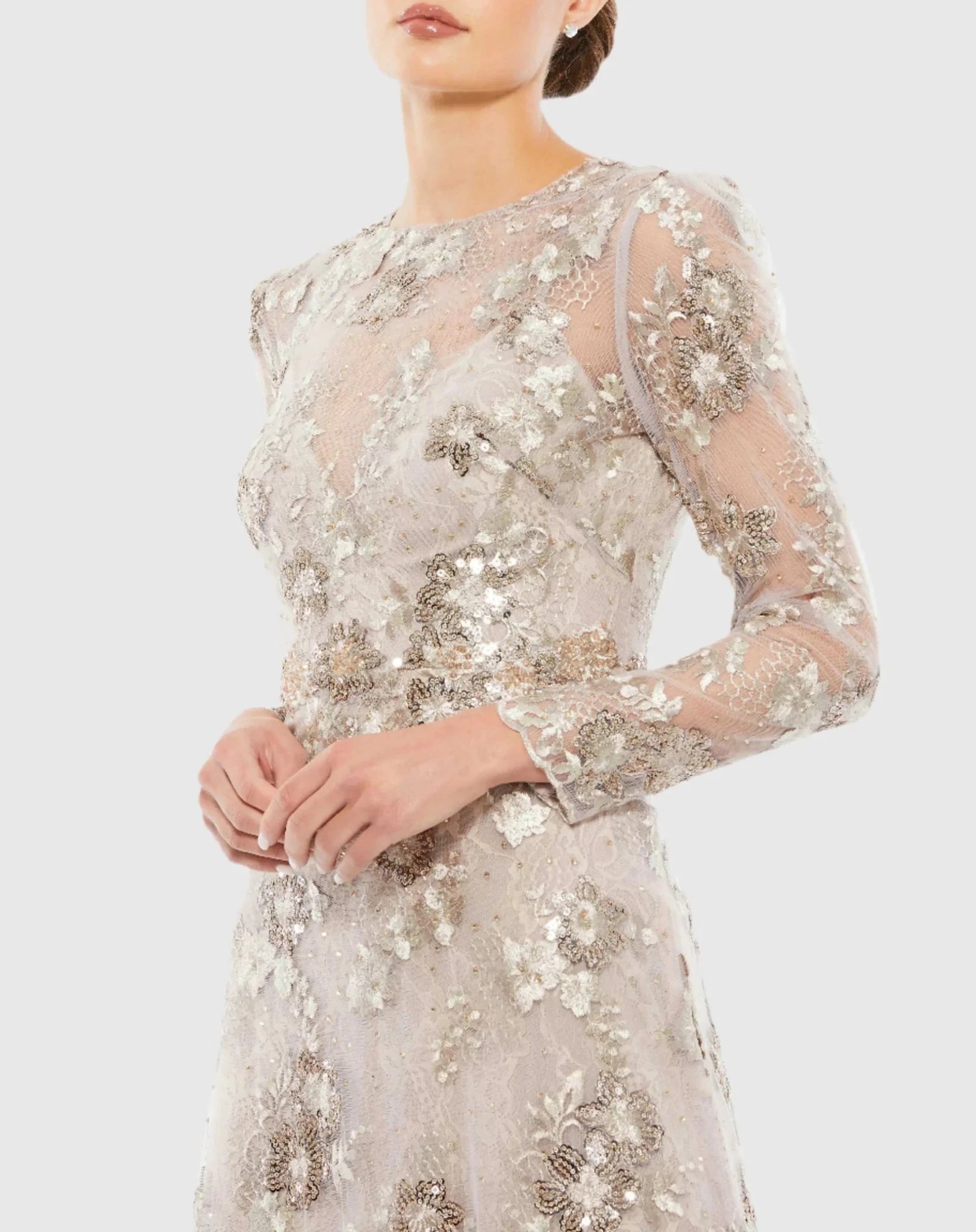 Floral embroidered illusion long sleeve gown - Mocha