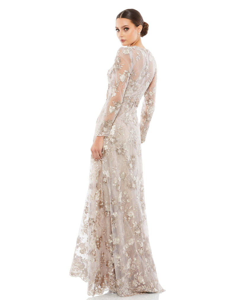 Mac Duggal Style #67875 Floral embroidered illusion long sleeve gown - Mocha side view