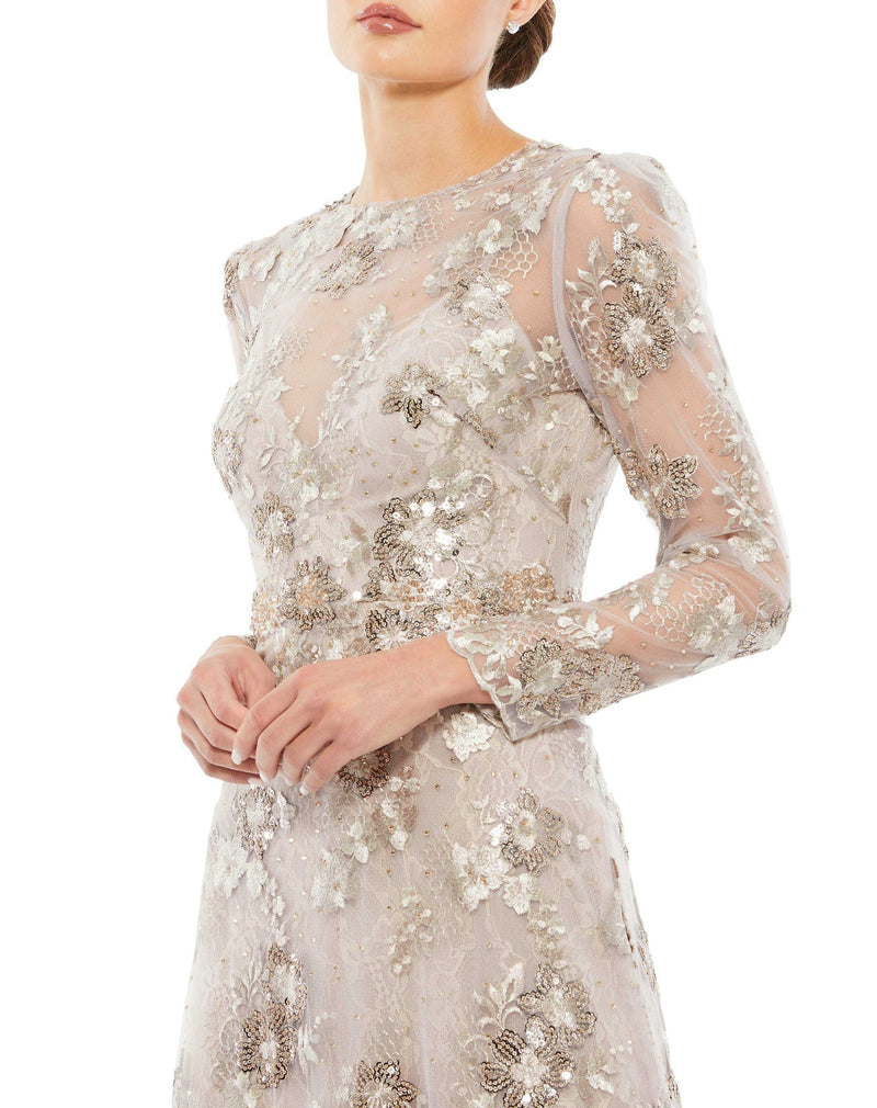 Mac Duggal Style #67875 Floral embroidered illusion long sleeve gown - Mocha close up