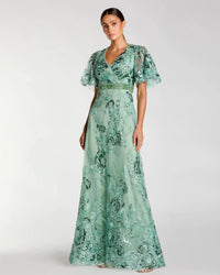 Mac Duggal Floral Embellished Short Sleeve Gown #67880 Sage Green 