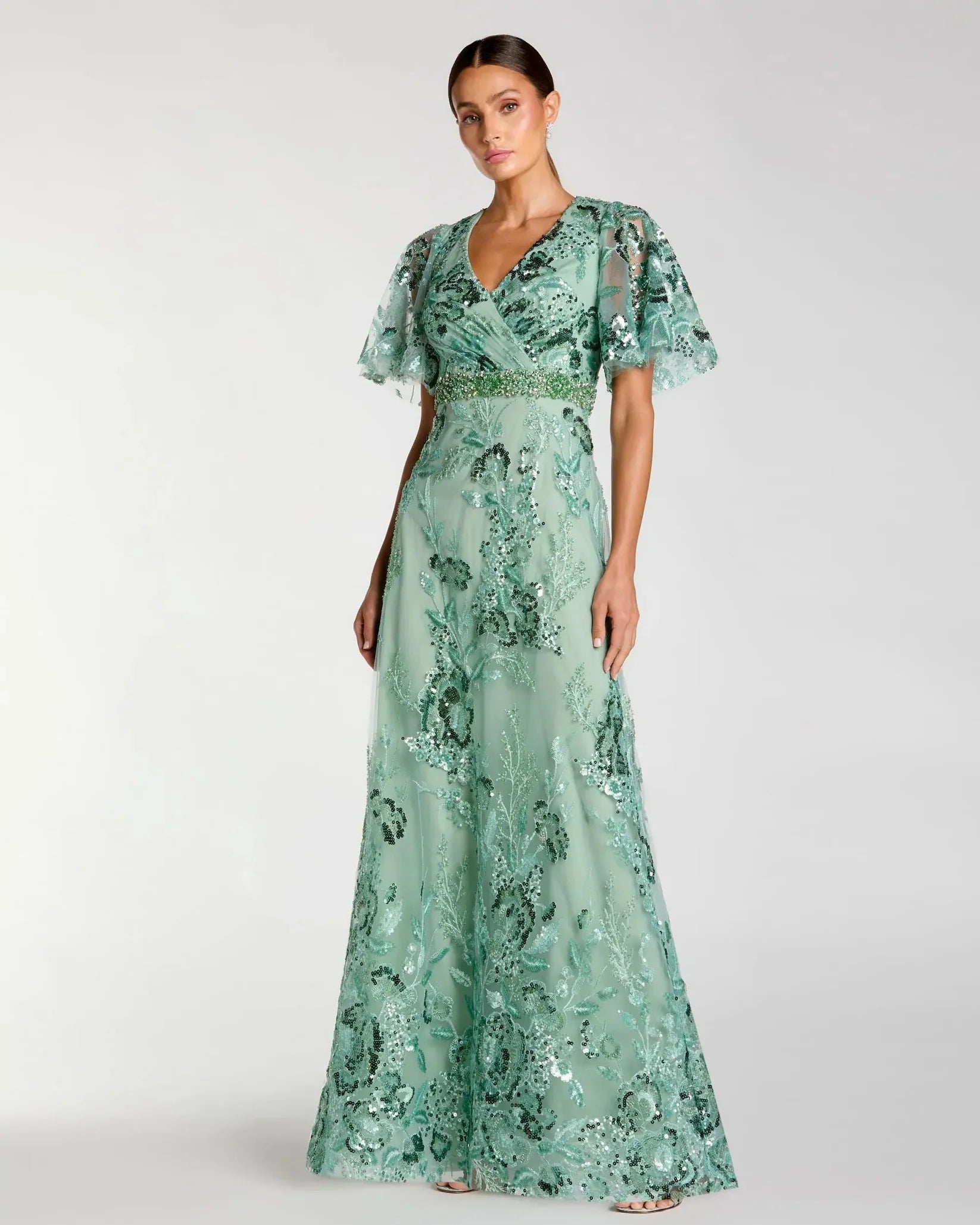 Mac Duggal Floral Embellished Short Sleeve Gown #67880 Sage Green 