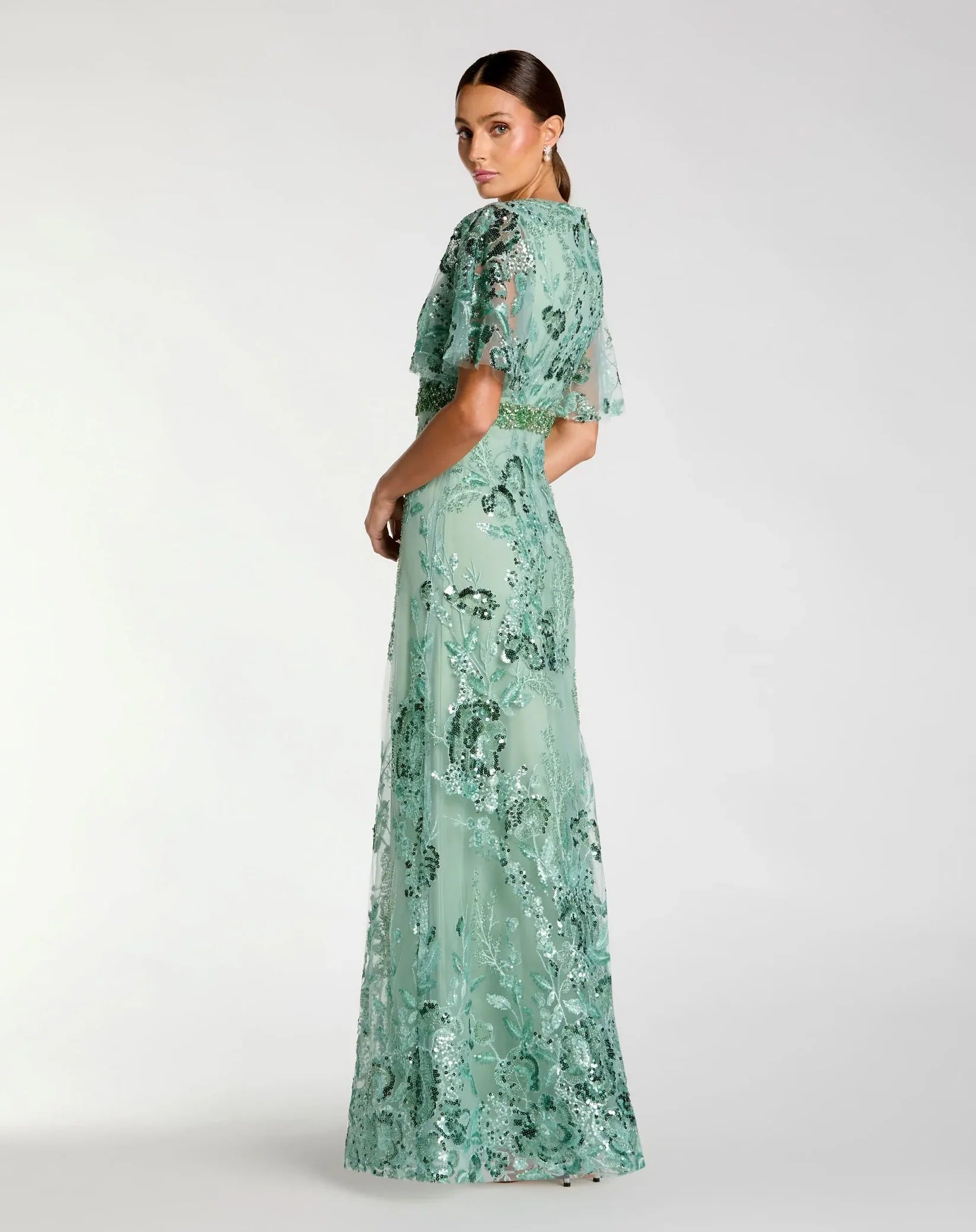 Mac Duggal Floral Embellished Short Sleeve Gown #67880 Sage Green 