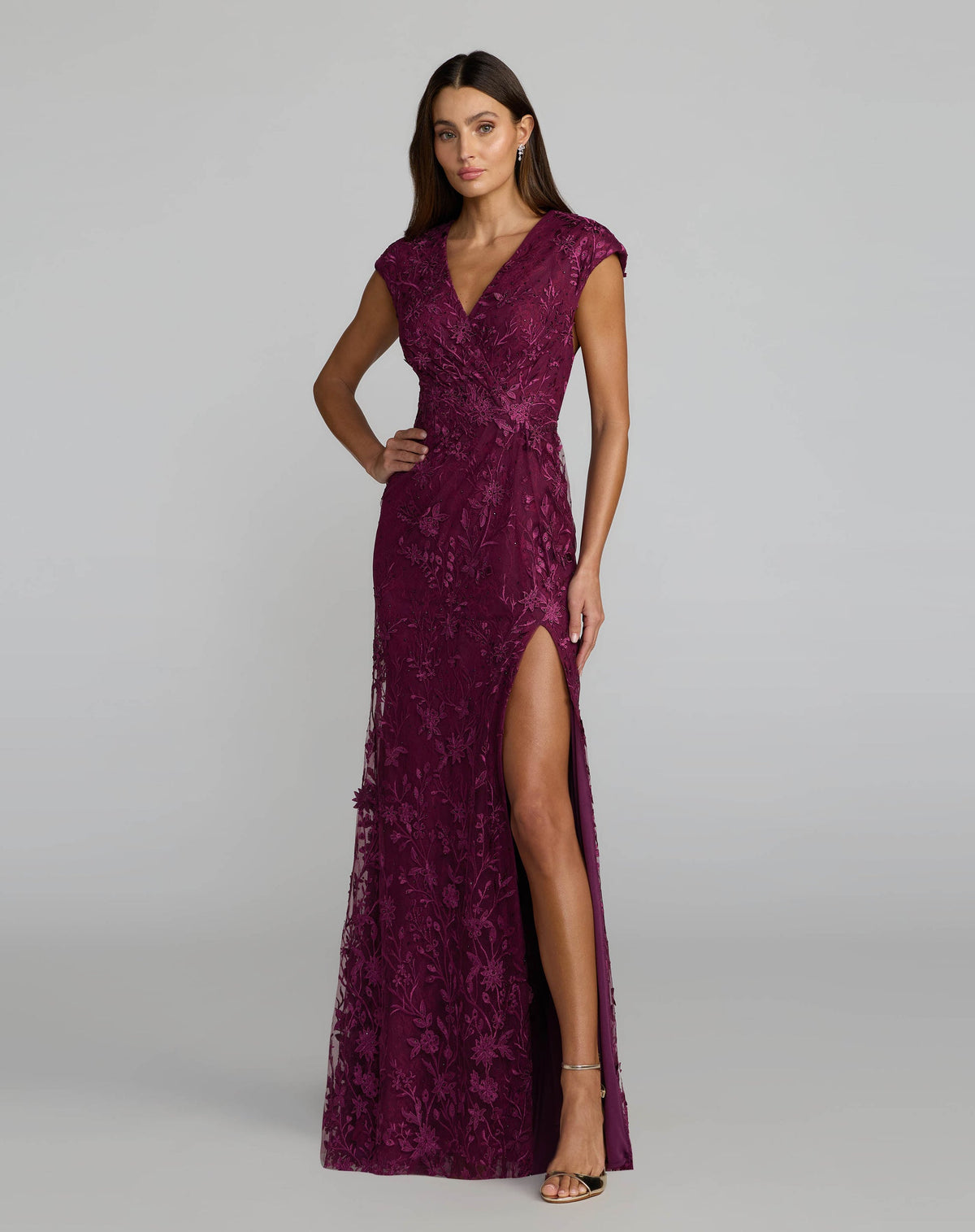 Mac Duggal Embroidered Lace V-Neck Cap Sleeve Gown with Thigh-High Slit - Amethyst #67882