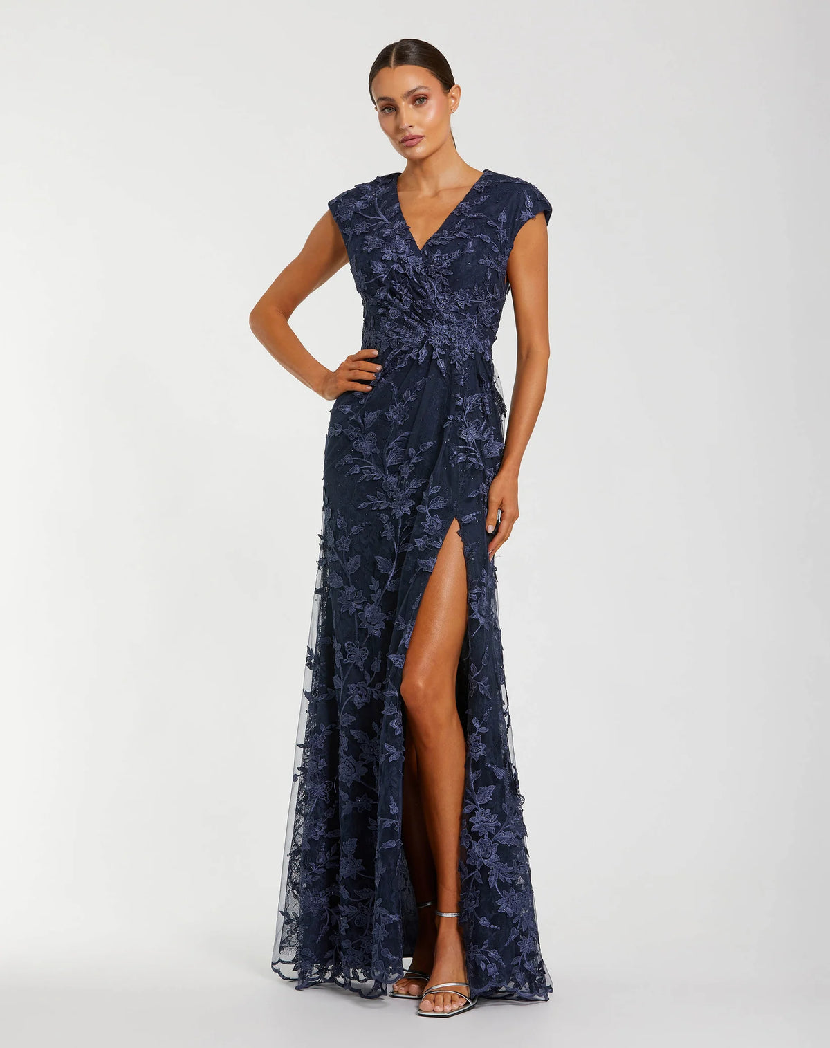 Mac Duggal Navy Faux Wrap Embroidered Cap Sleeve Gown# 67882