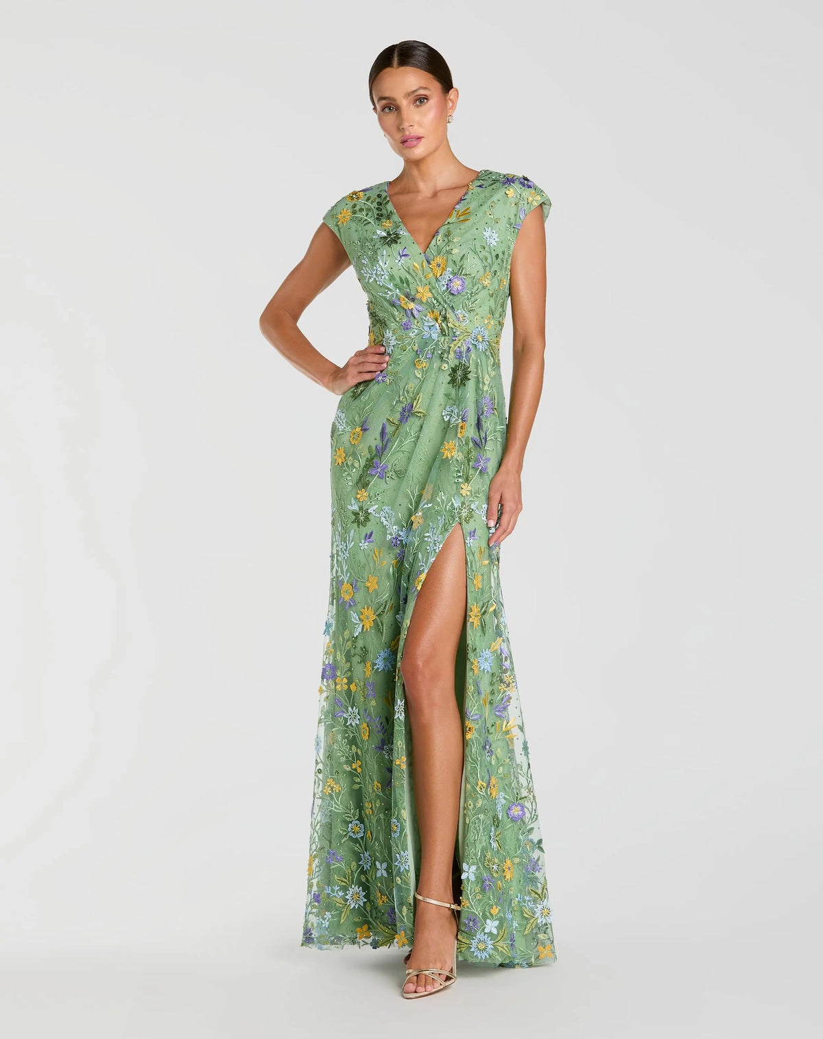 Mac Duggal Embroidered Lace V-Neck Cap Sleeve Gown with Thigh-High Slit - Sage #67882