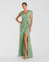 Mac Duggal Embroidered Lace V-Neck Cap Sleeve Gown with Thigh-High Slit - Sage #67882