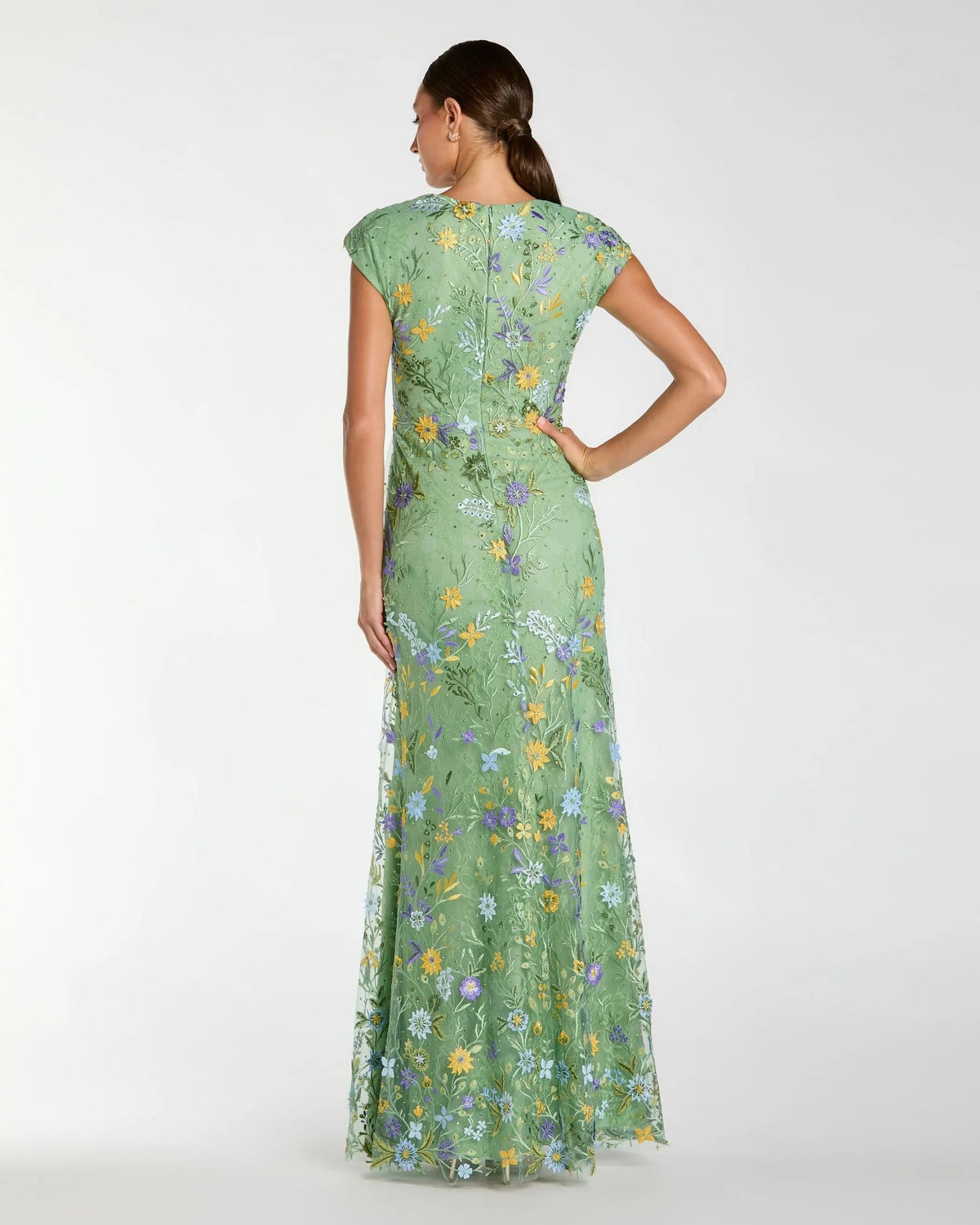Back view of this dress Mac Duggal Embroidered Lace V-Neck Cap Sleeve Gown with Thigh-High Slit - Sage #67882
