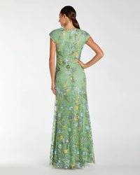 Back view of this dress Mac Duggal Embroidered Lace V-Neck Cap Sleeve Gown with Thigh-High Slit - Sage #67882