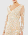 Embroidered V Neck Long Sleeve Trumpet Gown - Nude