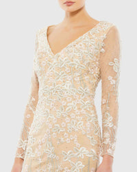 Embroidered V Neck Long Sleeve Trumpet Gown - Nude